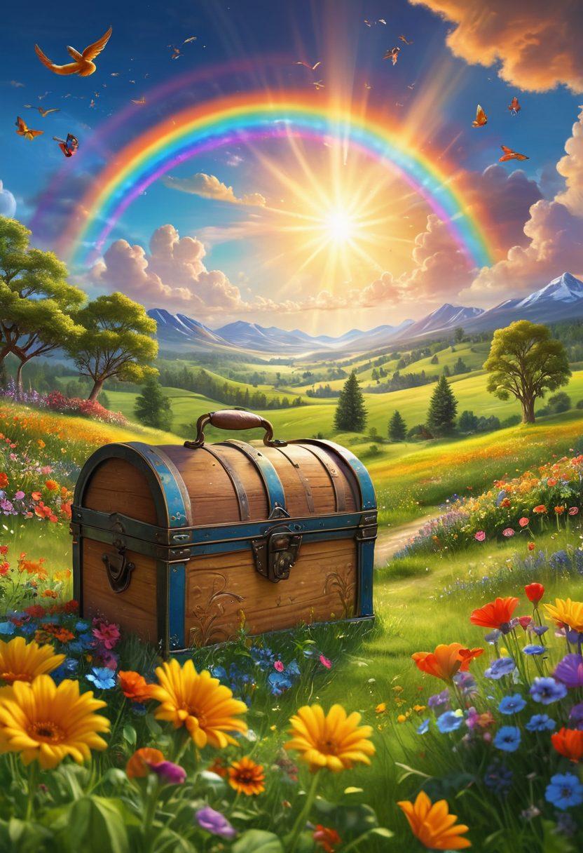 A whimsical scene depicting a radiant sun shining over a lush green meadow filled with colorful flowers and joyful people sharing laughter and moments of joy. In the background, a rainbow arches across a blue sky, symbolizing hope and happiness. The foreground features an open treasure chest overflowing with glowing hearts and smiles, representing the secrets to a blissful life. super-realistic. vibrant colors. 3D.