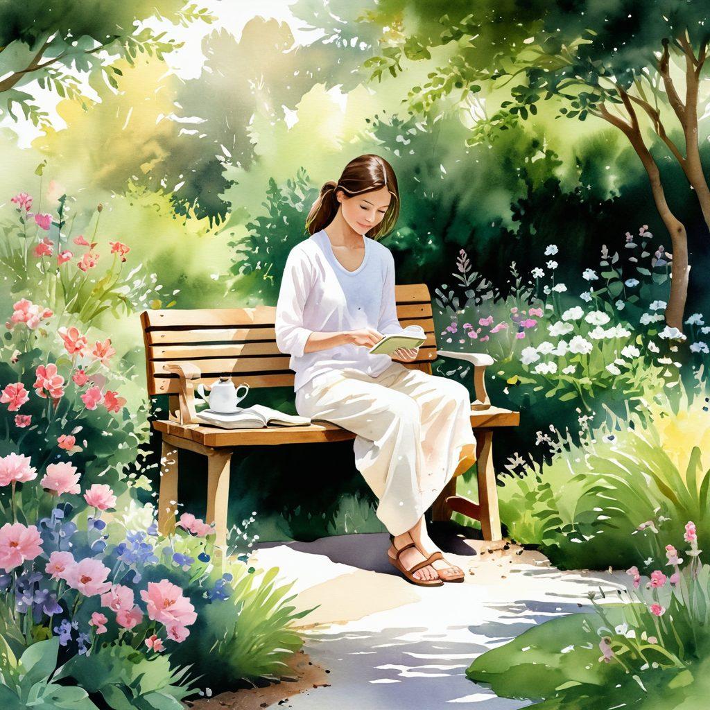 A serene garden scene with a person practicing mindfulness among blooming flowers and greenery, surrounded by soft sunlight and gentle breezes. Include elements like a cozy bench, a journal, and a warm cup of tea, symbolizing tranquility and joy. The color palette should be soft and soothing with pastel tones, evoking a sense of calm and contentment. watercolor illustration. vibrant colors.