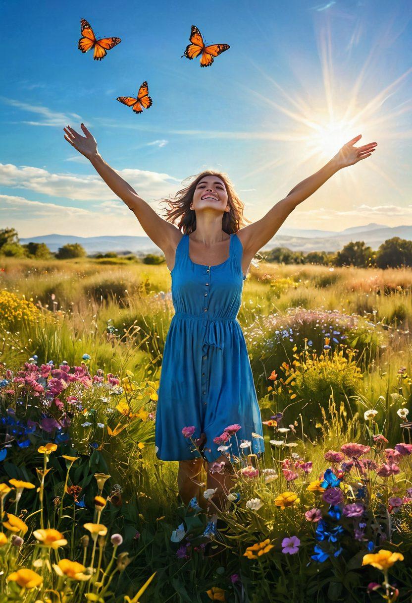 A person standing in a sunlit meadow, arms wide open, radiating colorful light and joy, surrounded by blooming flowers and butterflies, capturing the essence of happiness in everyday life. The setting should convey a sense of warmth and exuberance, with a clear blue sky above. super-realistic. vibrant colors. soft focus.